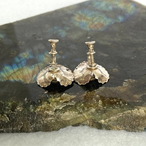 VTG Sterling Silver 925 Dainty 0.67" Textured Leaf Ball Screw Back Earrings - Picture 8 of 16